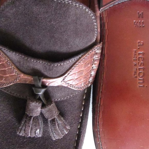 A.TESTONI croc print suede tassel loafers 11 1/2 M